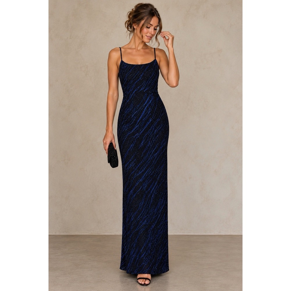 Jump Apparel Co Vtg 90s Navy Blue Glitter Full Length Dress 13/14 Sparkly NEW